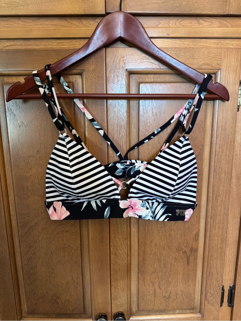 PINK Victoria's Secret Black & White Striped Floral Swim Top